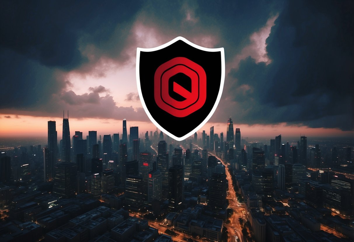 A dark, ominous cloud of digital code looms over a city skyline, casting a foreboding shadow on the futuristic buildings below. A red alert symbol flashes in the sky, signaling imminent cybersecurity threats