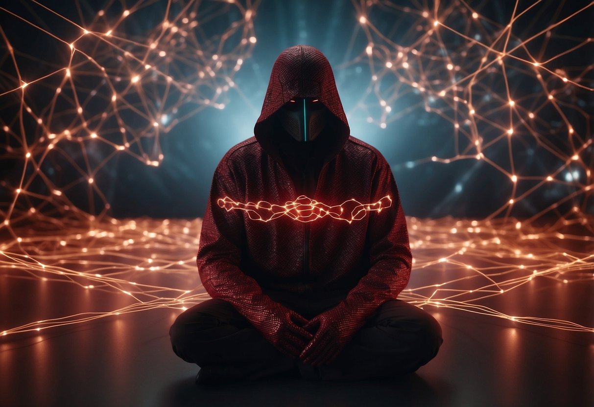 A figure sits in the middle of a network, intercepting and manipulating data flows. Red alert symbols flash around the figure, portraying the threat of a Man-in-the-Middle attack in 2024