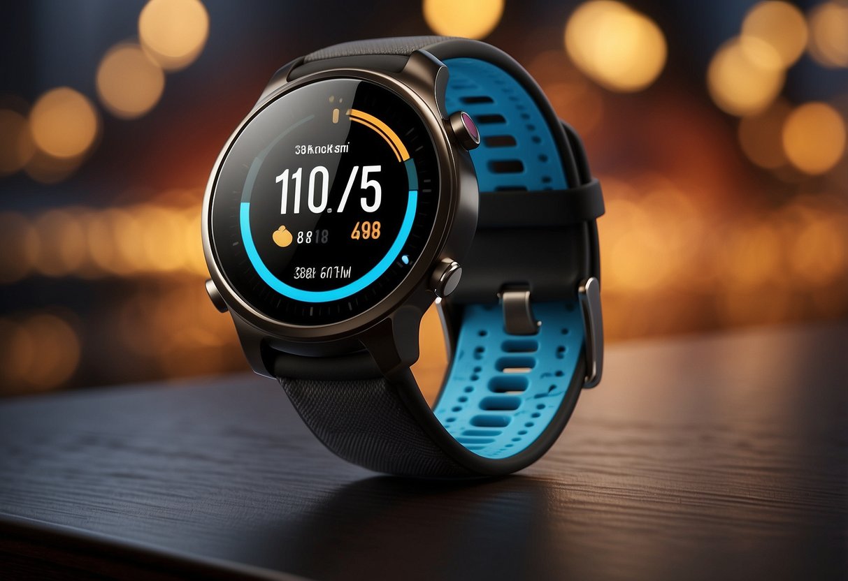 A sleek fitness tracker on a wrist, displaying heart rate and step count. A smartphone nearby syncs data wirelessly