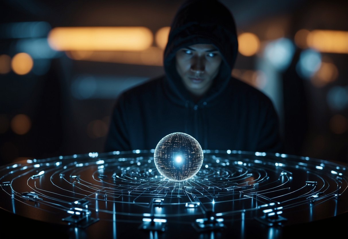 A shadowy figure looms over a network of interconnected devices, holding a glowing orb representing a cyber threat. The figure's presence creates a sense of impending danger and vulnerability in the digital landscape