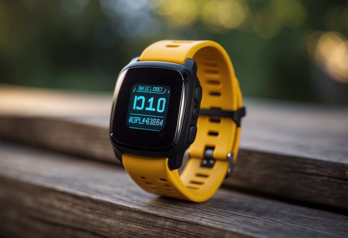 A sleek, modern wristband with a digital display showing fitness data. The device is lightweight and comfortable, with a minimalist design