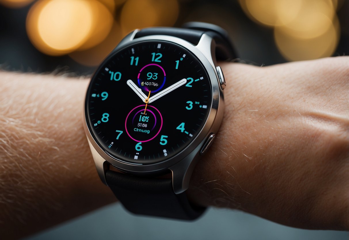 A Samsung Galaxy Watch 5 sits on a sleek, modern wristband, displaying a vibrant, high-resolution fitness tracking interface