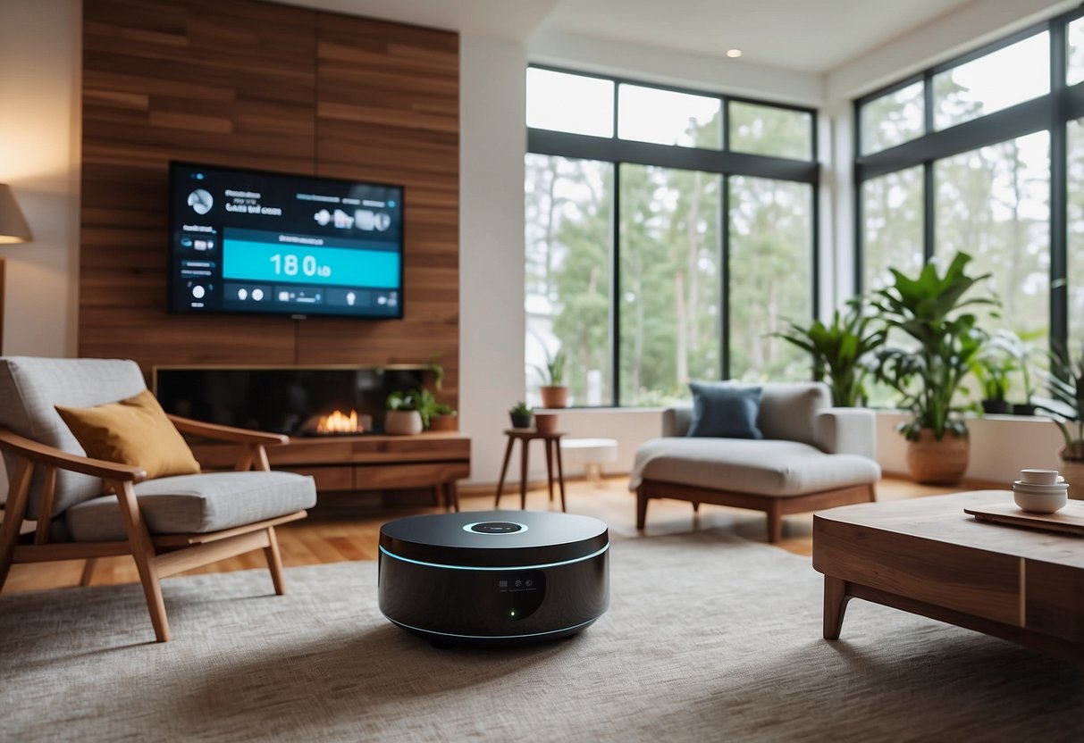 A modern living room with smart gadgets like a voice-controlled speaker, smart thermostat, robot vacuum, and security camera. The gadgets are seamlessly integrated into the home, creating a connected and tech-savvy environment