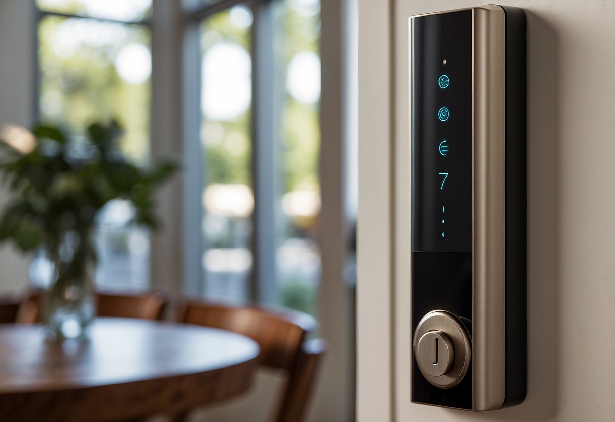 The August Smart Lock Pro is installed on a sleek modern door, with a smartphone and key nearby, showcasing its seamless integration into a connected home