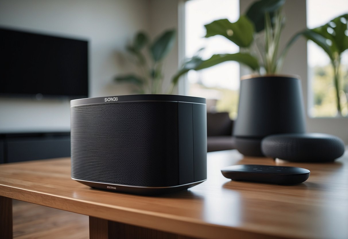 A sleek Sonos One Smart Speaker sits on a modern home entertainment center, surrounded by other top 10 smart gadgets for a connected home