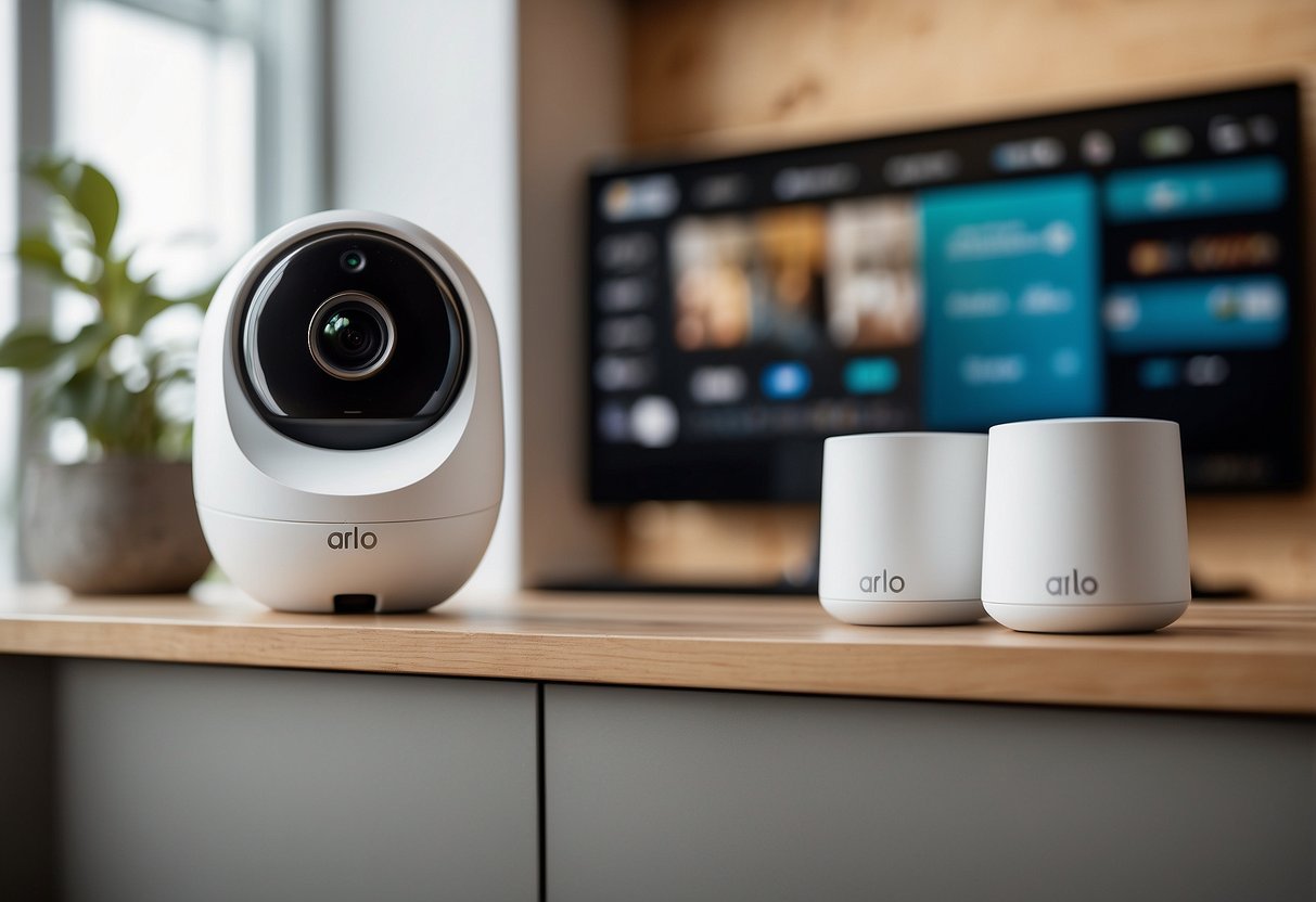 The Arlo Pro 3 security camera is mounted on a wall, overlooking a modern living room with smart gadgets like a smart TV, smart speaker, and connected lights