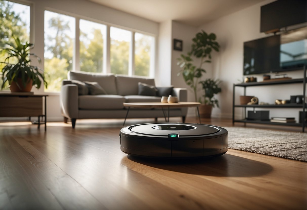 A sleek iRobot Roomba i7+ navigates a modern, clutter-free living room, seamlessly integrating into a smart, connected home