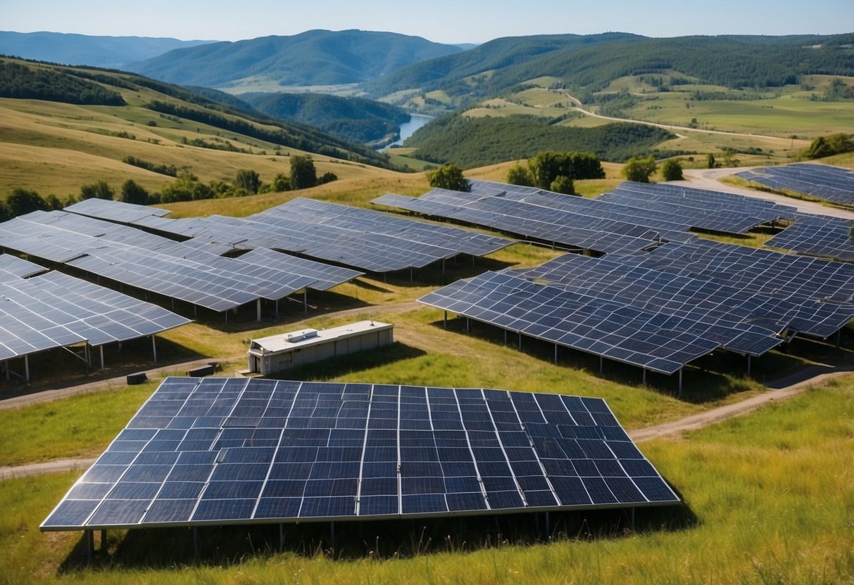 Solar panels on rooftops, wind turbines on a hill, hydroelectric dam, geothermal power plant, and a large solar farm against a backdrop of blue skies and green landscapes