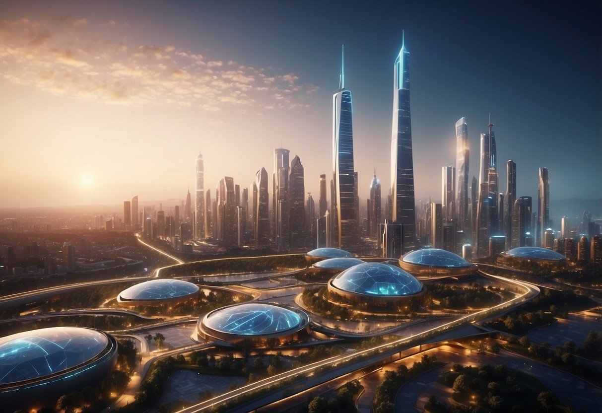 A futuristic city skyline with holographic displays, drones, and autonomous vehicles. AI robots assist in construction and healthcare. Renewable energy sources power the city