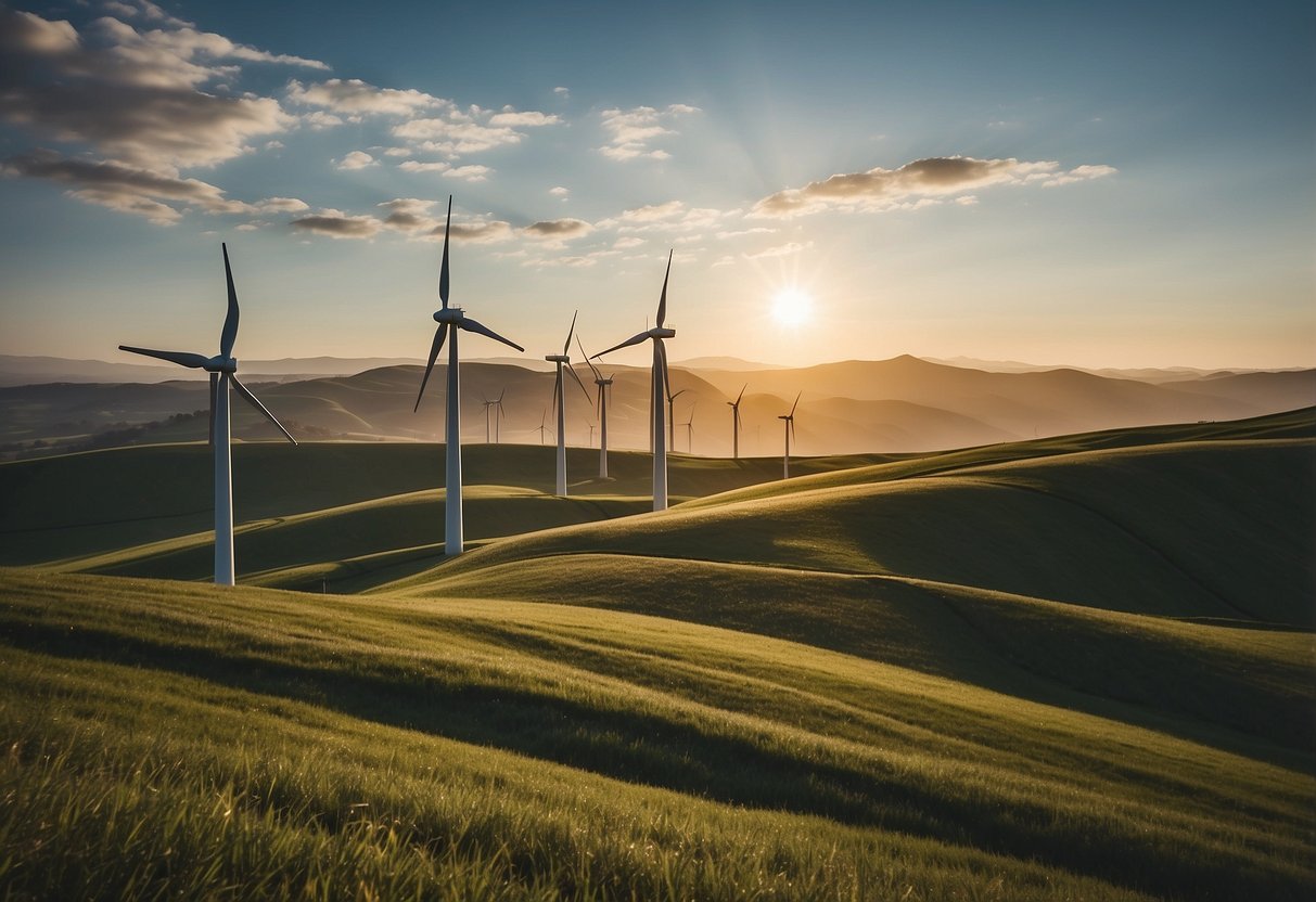 Wind turbines spin on a green hill, capturing energy from the breeze. A bright sun shines in the background, powering the innovative technology