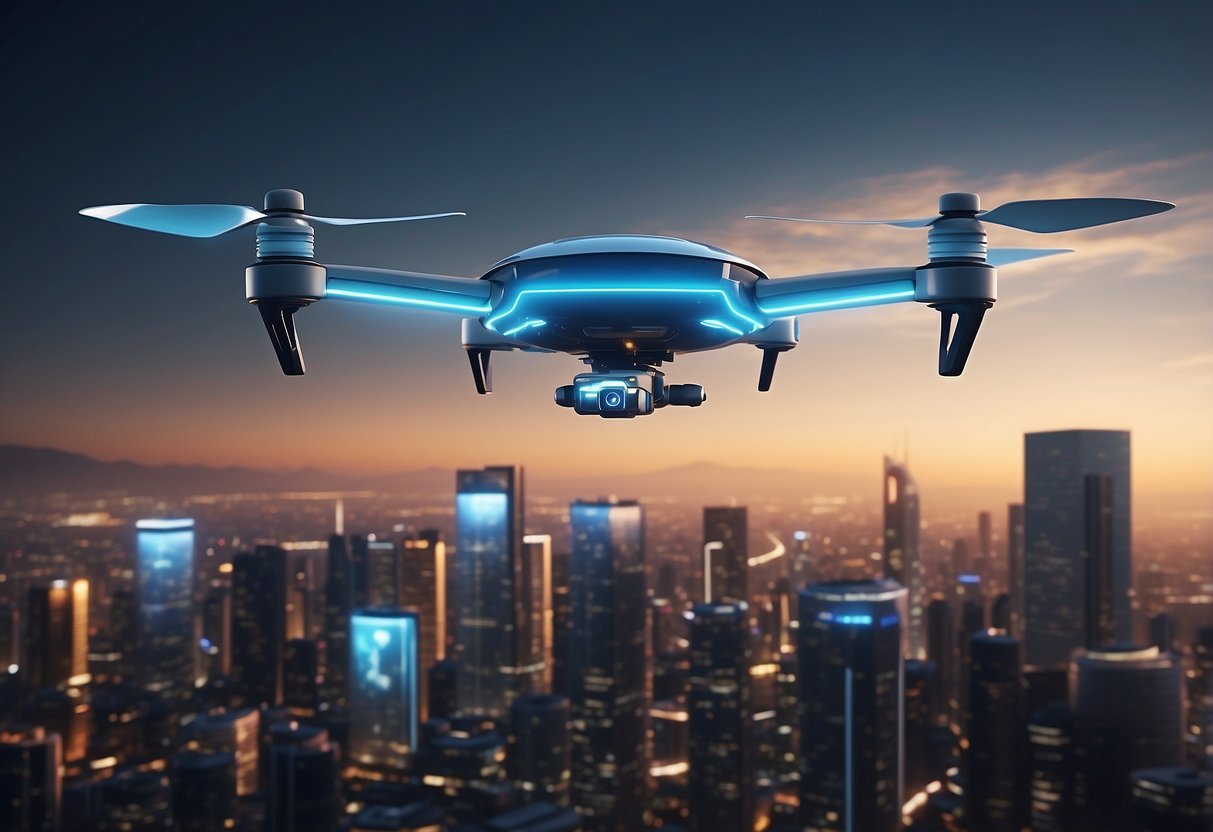 A futuristic city skyline with holographic data streams and AI-powered security drones patrolling the skies. Virtual reality headsets and advanced biometric scanners are integrated into everyday life