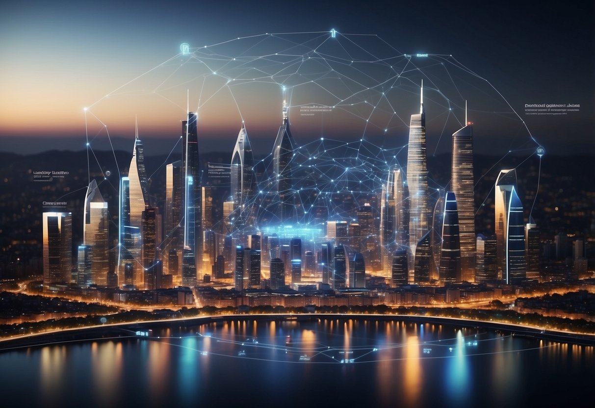 A futuristic city skyline with interconnected data streams and AI-powered devices, showcasing the integration of edge AI technology