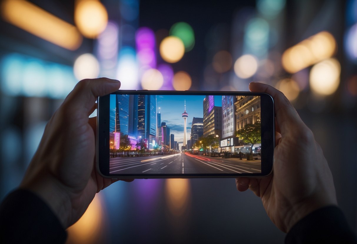 A cityscape with holographic displays overlaying buildings and streets, people interacting with virtual objects in everyday activities