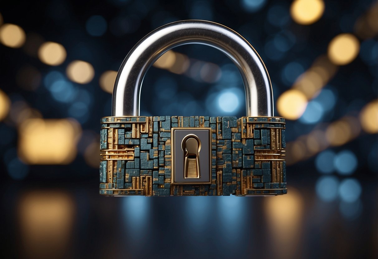 A padlock symbolizing cybersecurity threats, surrounded by interconnected blocks representing blockchain solutions