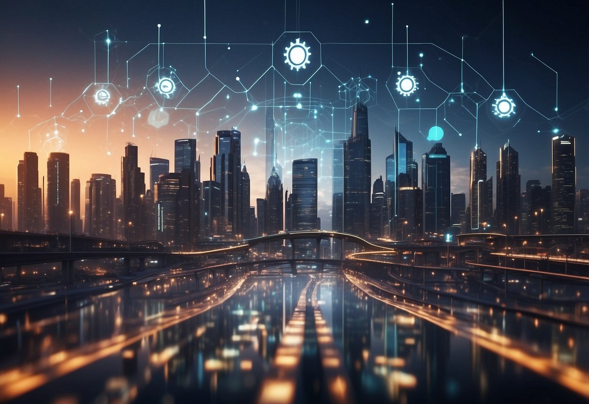 A futuristic city skyline with interconnected data streams and digital currency symbols floating above, showcasing the integration of blockchain technology in various industries