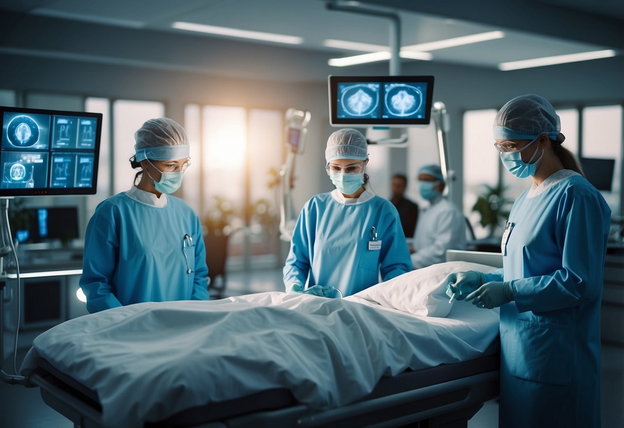 A futuristic hospital with AI-powered robots performing surgeries, analyzing data, and interacting with patients. AI algorithms monitor vital signs and diagnose illnesses