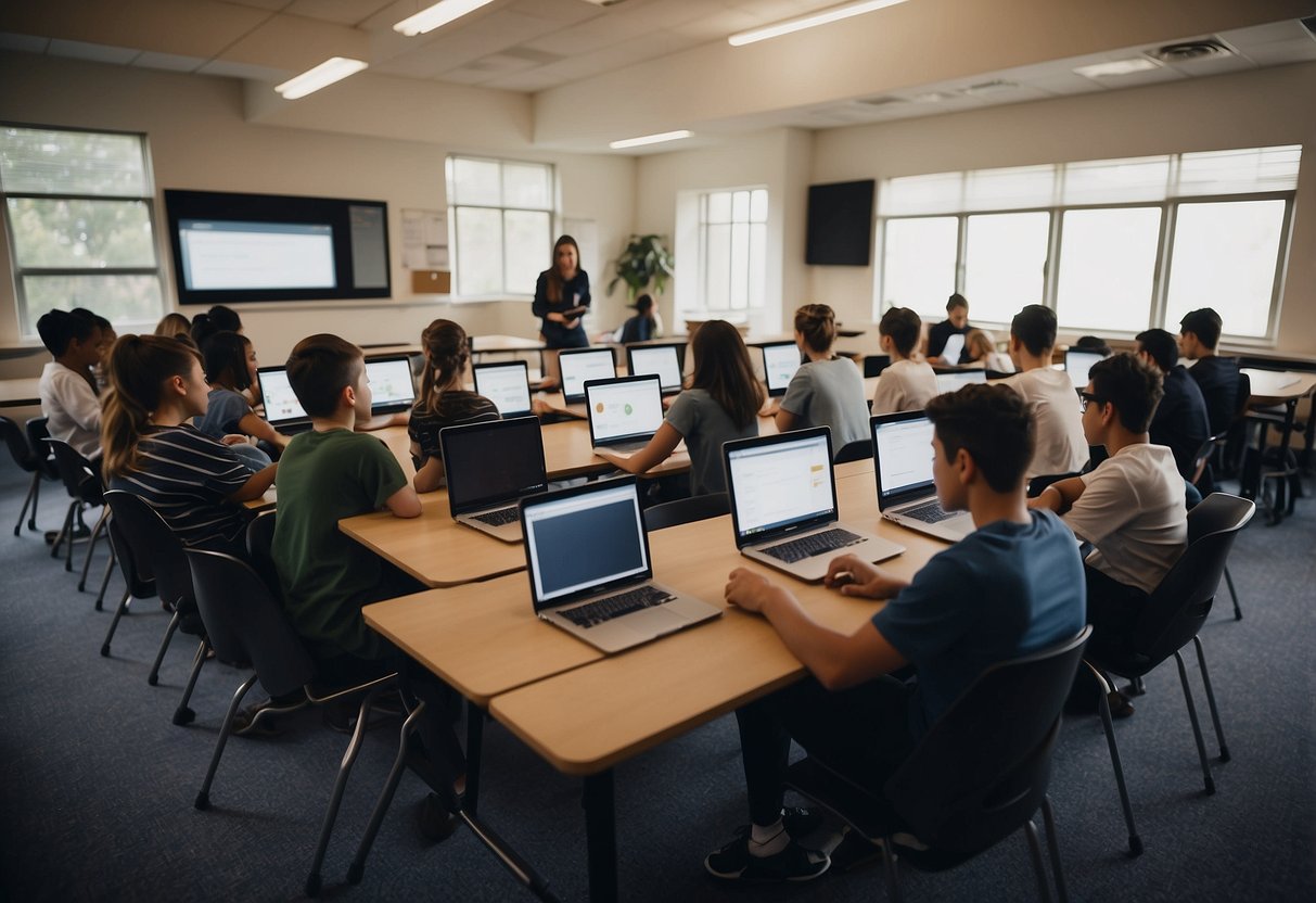 A classroom filled with students using laptops and tablets, engaged in interactive learning activities. A teacher stands at the front, using a smart board to lead the lesson