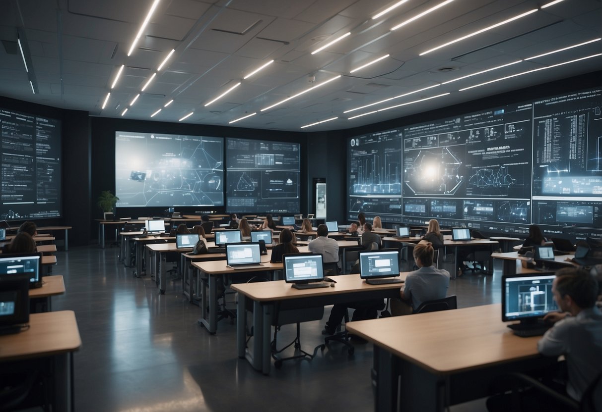 A classroom filled with futuristic technology, with AI and machine learning algorithms displayed on screens, transforming the traditional education system