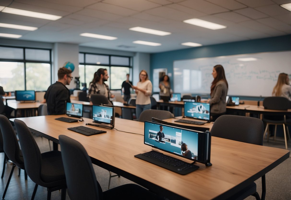 A classroom with VR headsets on desks and AR markers on walls, as students interact with virtual objects and information