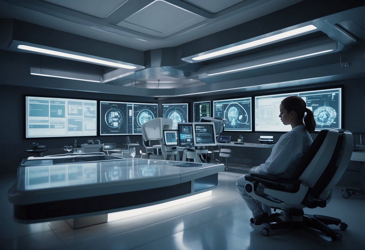 A futuristic hospital room with AI analyzing data on a large screen, while robotic arms perform medical tasks