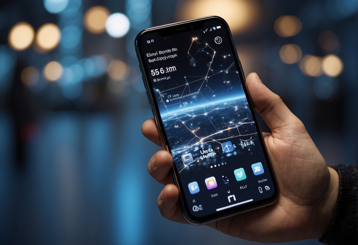 A smartphone connected to a high-speed 5G network, streaming ultra-high-definition video with no lag. Multiple devices seamlessly sharing data and downloading large files at lightning speed