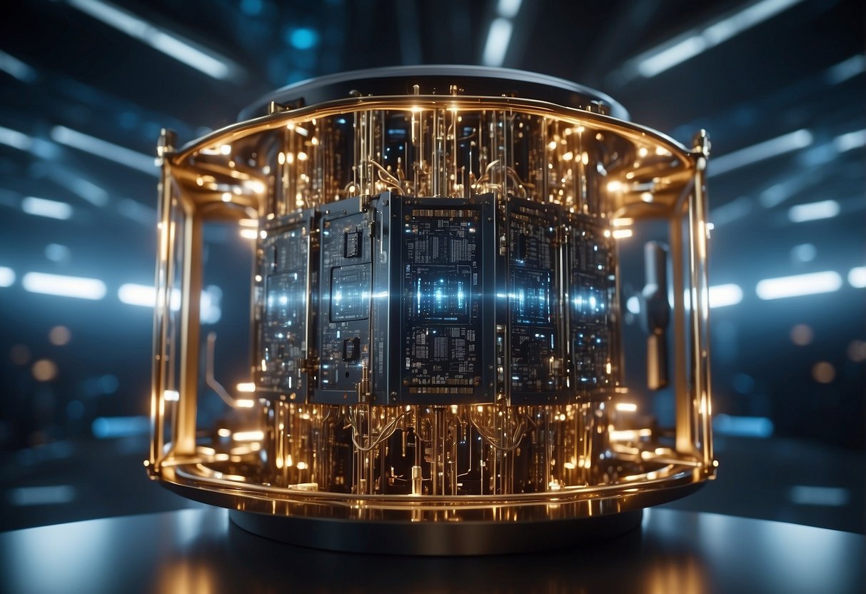 A quantum computer surrounded by complex algorithms and futuristic technology, with beams of light and data streams intertwining in a high-tech laboratory setting