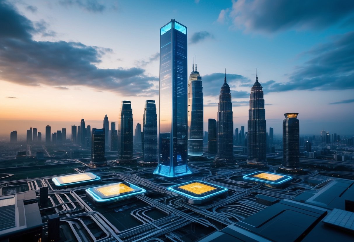 A futuristic city skyline with interconnected buildings and glowing, sleek, and advanced computer chips integrated into the architecture