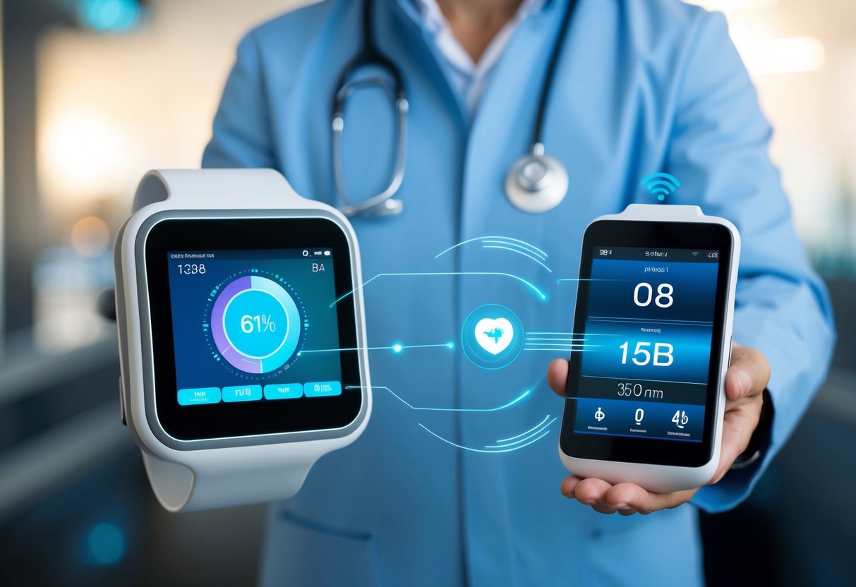 A futuristic health monitoring device wirelessly connects to a sleek, integrated health system, displaying real-time data and vital signs