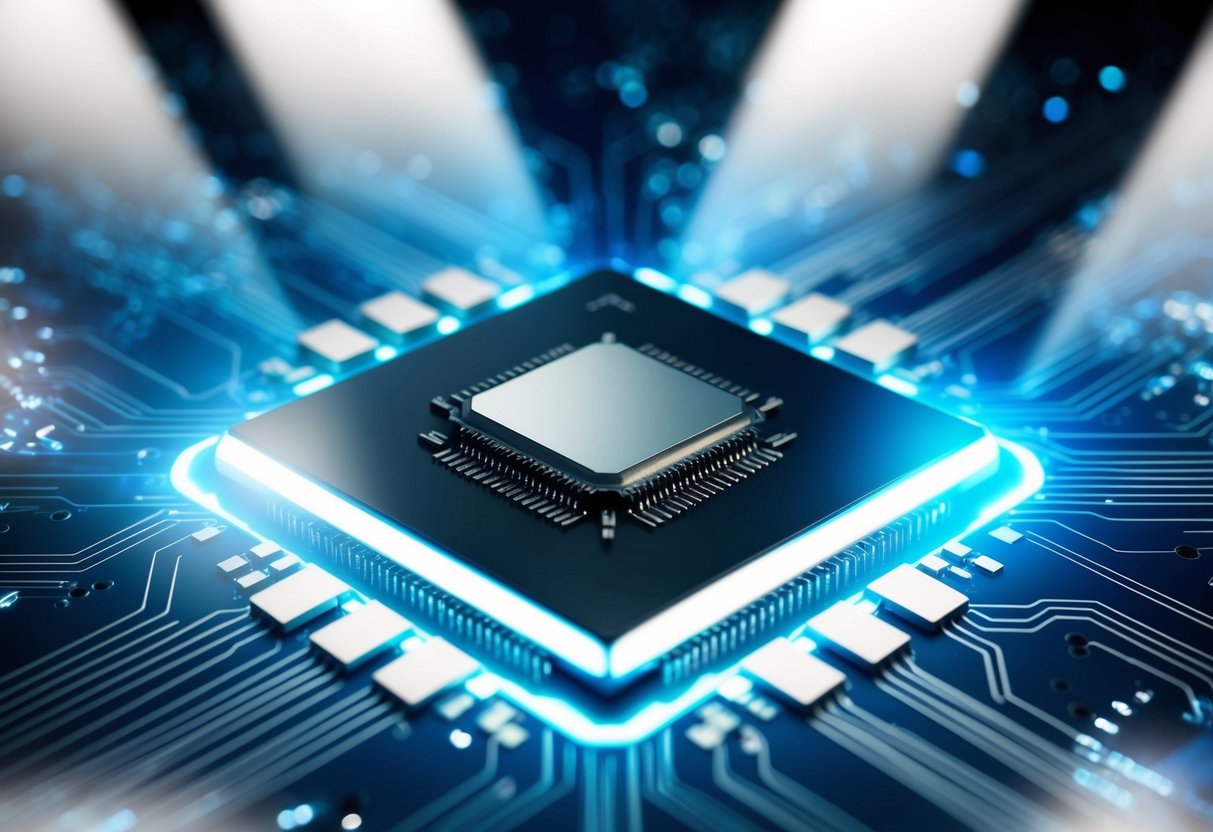 A sleek, modern computer chip surrounded by futuristic technology, with beams of light symbolizing energy efficiency and performance