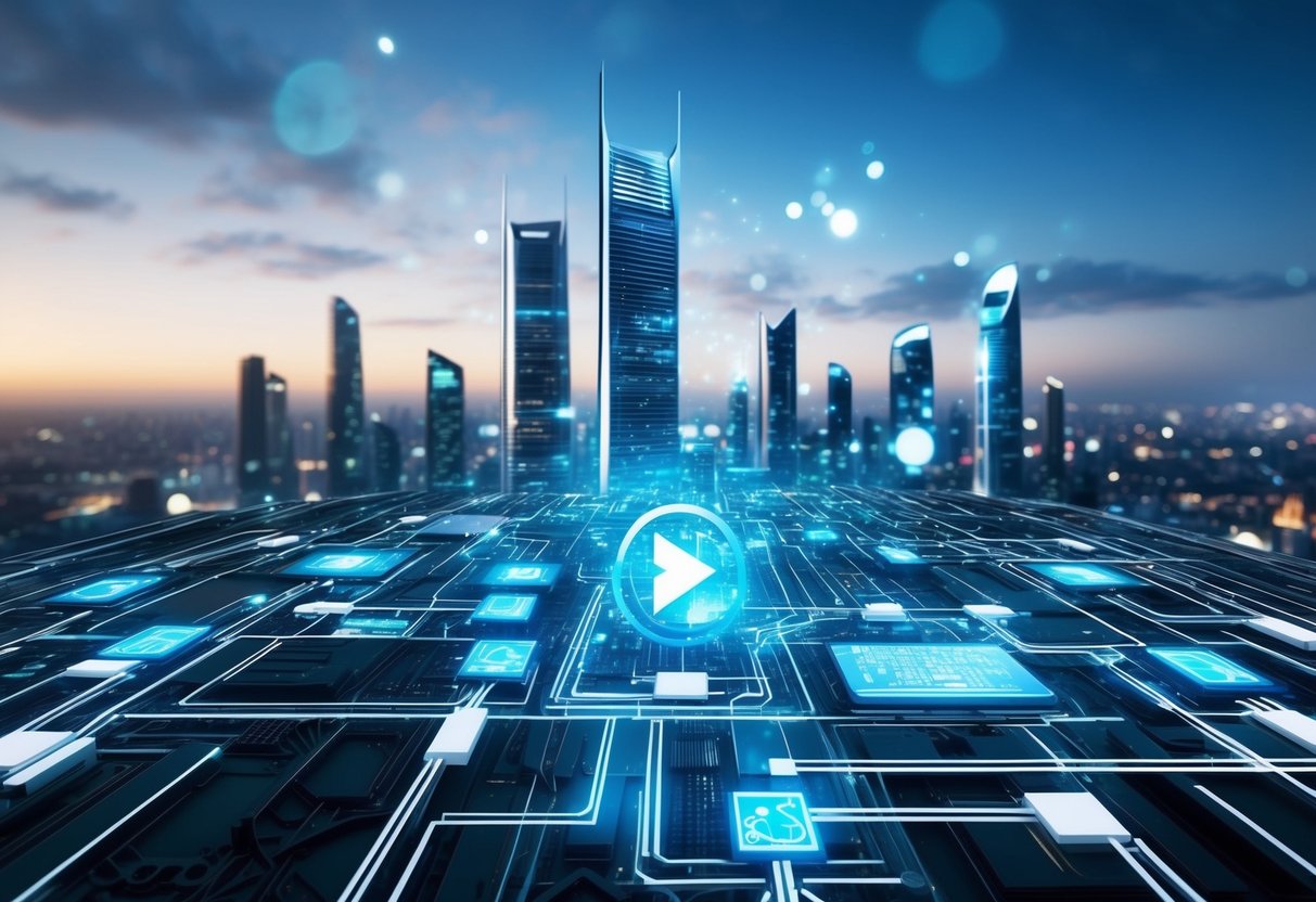 A futuristic cityscape with interconnected devices and technology, showcasing the expansion of ARM's ecosystem and the rise of ARM architecture in computing