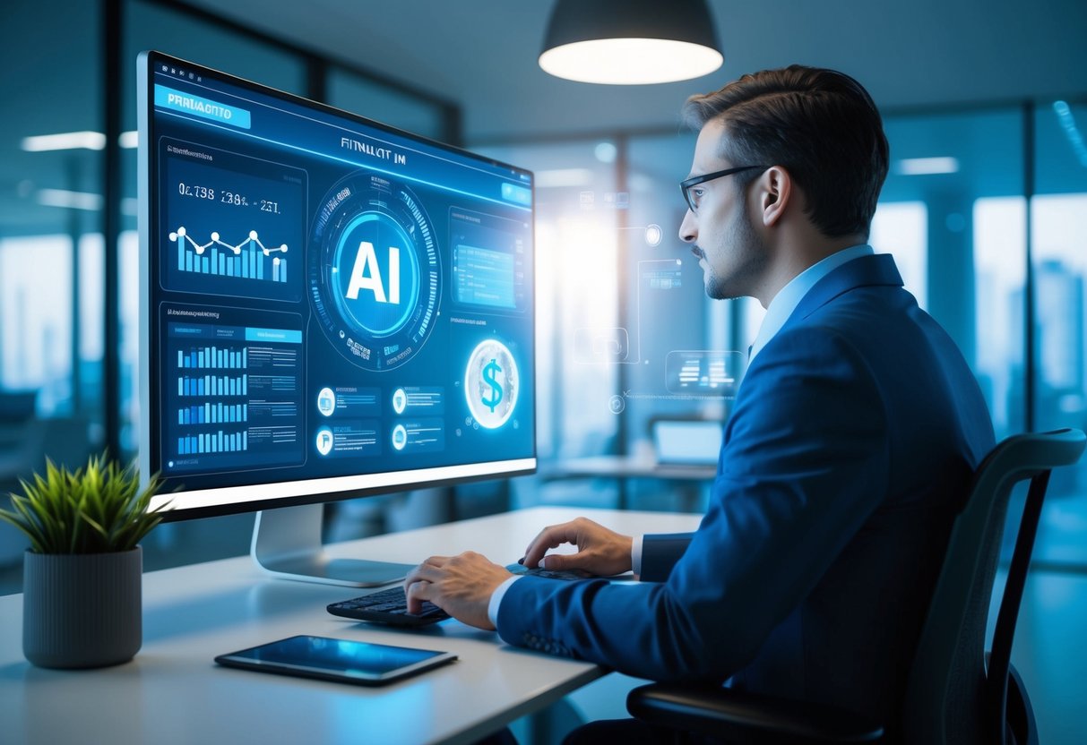 A futuristic AI system monitors financial data, detecting and managing risks and fraud in a sleek, high-tech office setting