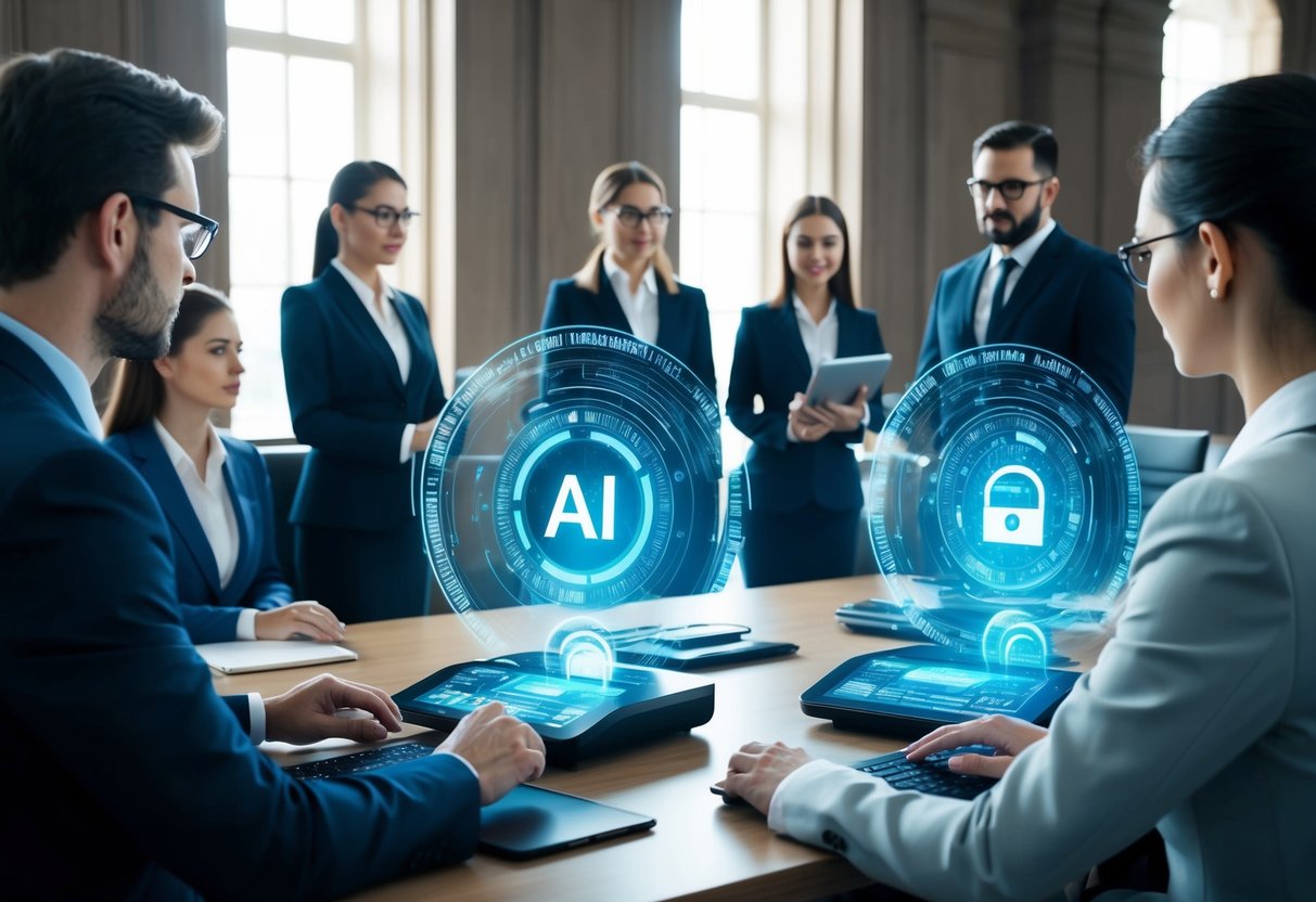 A futuristic courtroom with AI-powered legal advisors assisting lawyers and clients, showcasing the transformation of the legal sector through technology