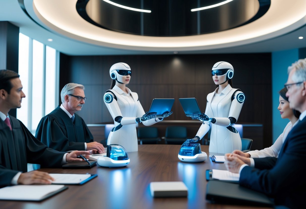 A futuristic courtroom with AI-powered legal assistants aiding lawyers and judges in a sleek, modern setting