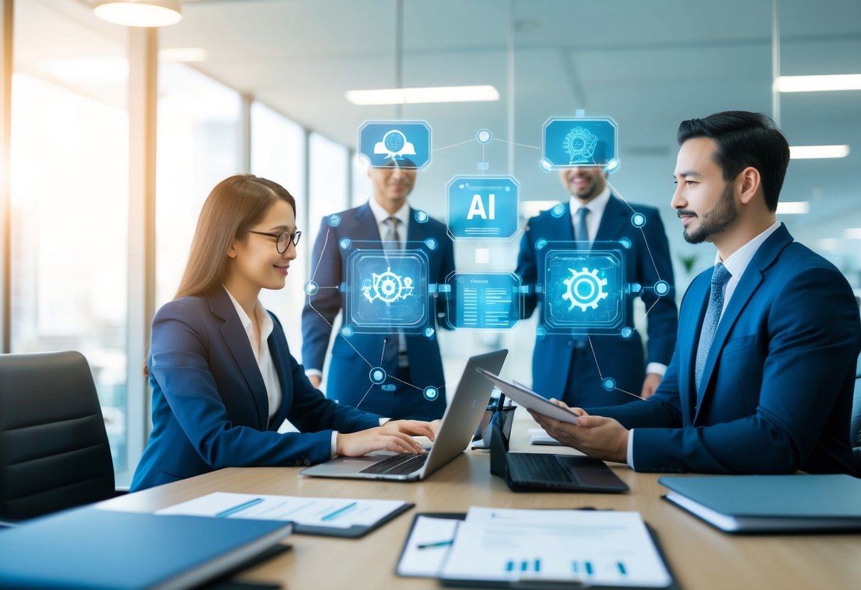 A law firm office with AI technology integrated into workflow, lawyers collaborating with AI systems to analyze legal documents and provide efficient legal services