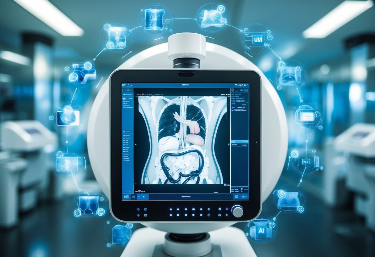 A medical imaging machine surrounded by AI algorithms, displaying detailed images of internal organs with accuracy and precision