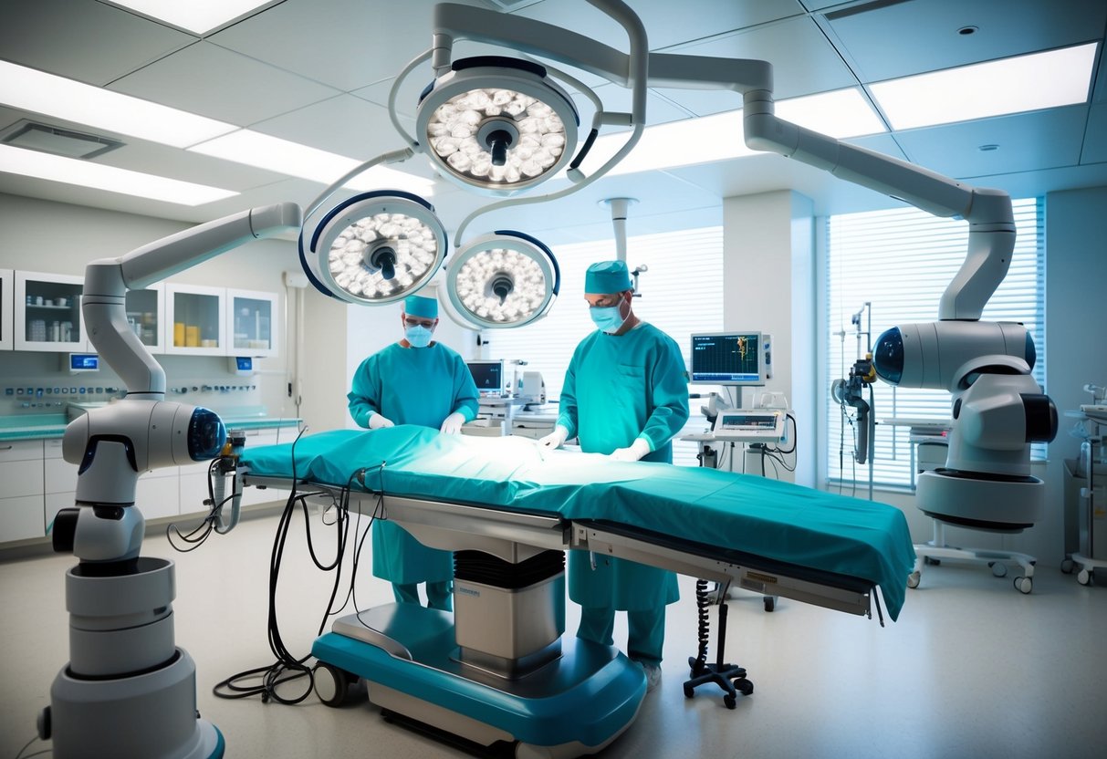 A futuristic operating room with advanced medical equipment and robotic arms performing surgery