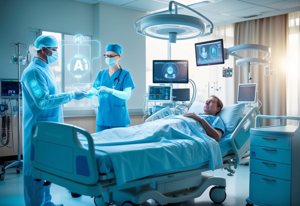 A hospital room with a patient lying in bed, surrounded by medical equipment and monitors. A virtual nurse and AI surgeon are depicted through holographic interfaces, assisting with the patient's care