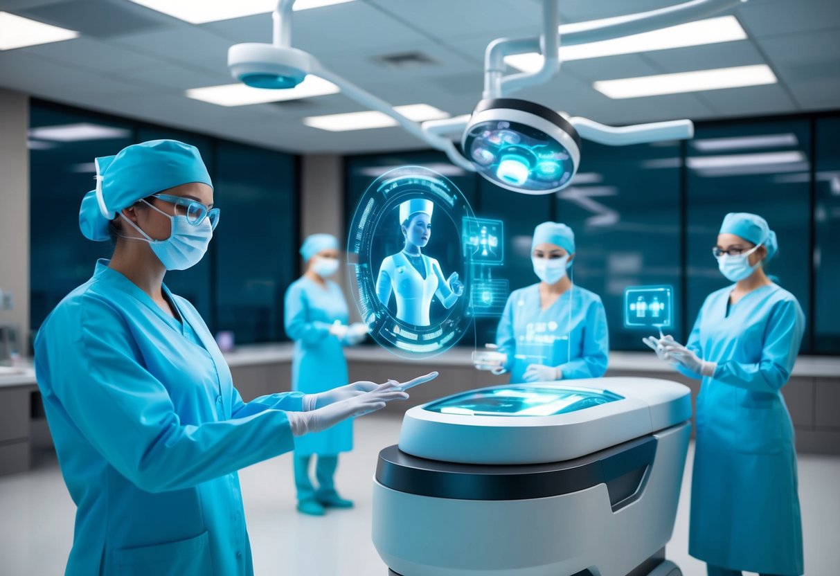 A futuristic medical lab with AI-powered devices and holographic projections, showcasing virtual nurses and robotic surgeons in action