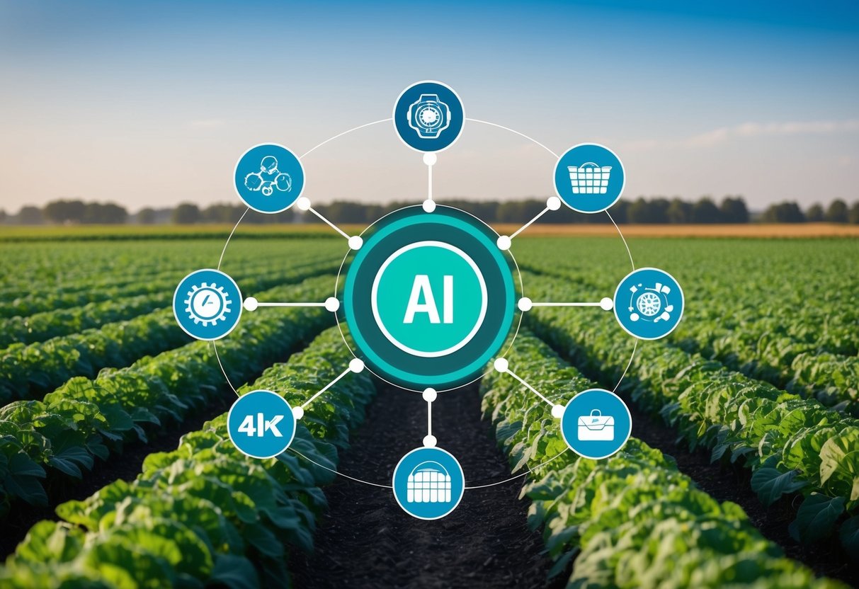 A modern agricultural farm with AI technology monitoring crop health and supply chain transparency