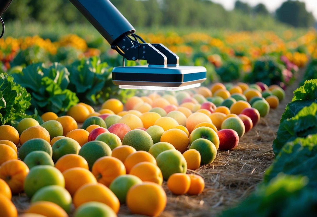 A field of ripe, colorful fruits and vegetables being scanned by a computer vision system for quality and safety assessment