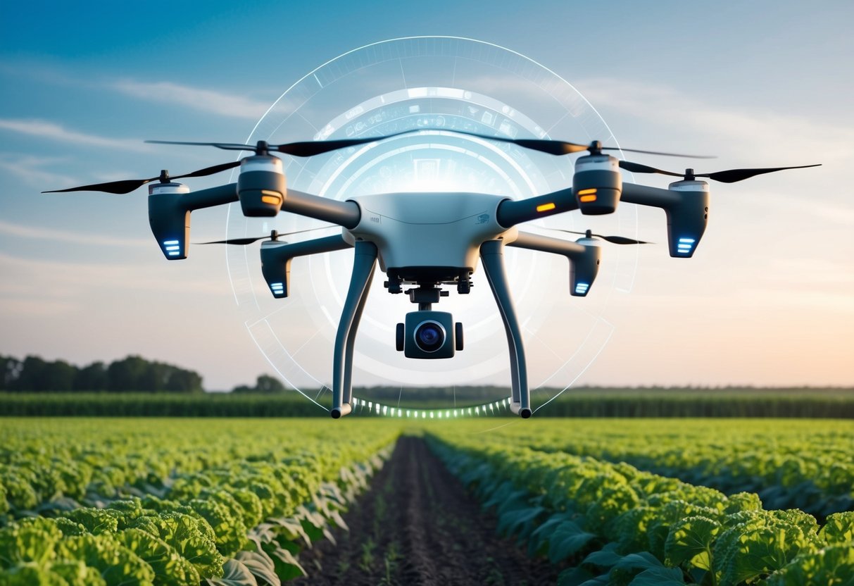 A futuristic farm with AI drones monitoring crops and collecting data for agricultural health and food safety