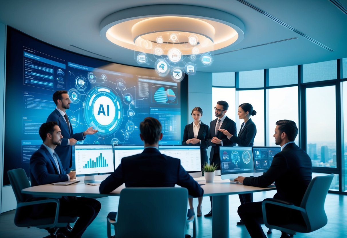 A futuristic office with AI data visualizations projected on a large screen, executives discussing strategies, and employees analyzing data on their computers