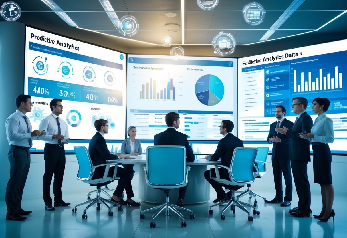 A futuristic office setting with a large digital screen displaying predictive analytics data, surrounded by AI technology and business professionals discussing strategies