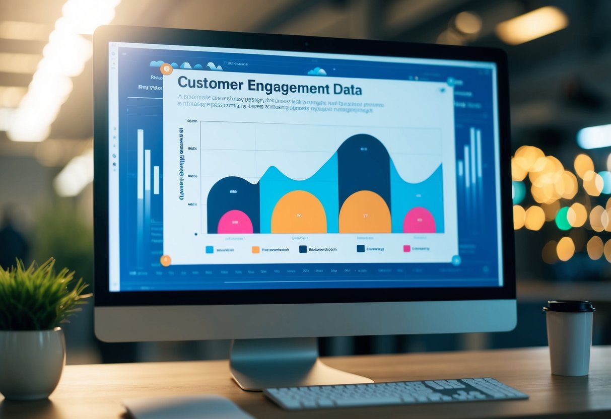 A computer screen displaying a graph of customer engagement data, with AI algorithms analyzing and generating personalized marketing strategies