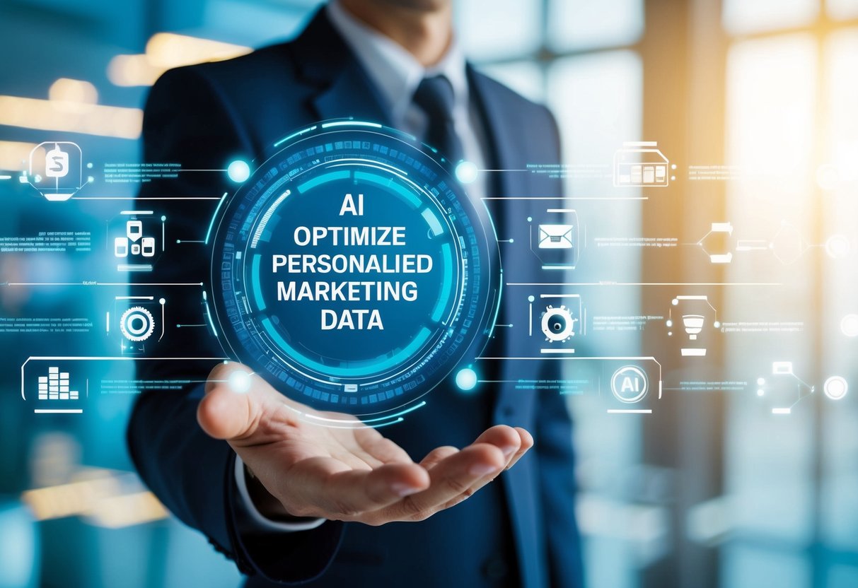 A futuristic AI analyzing customer data to optimize personalized marketing strategies