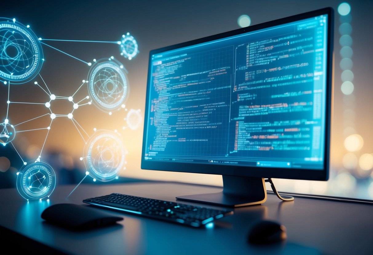 A futuristic computer screen displays complex quantum code, surrounded by glowing symbols and diagrams, representing the cutting-edge evolution of quantum programming languages