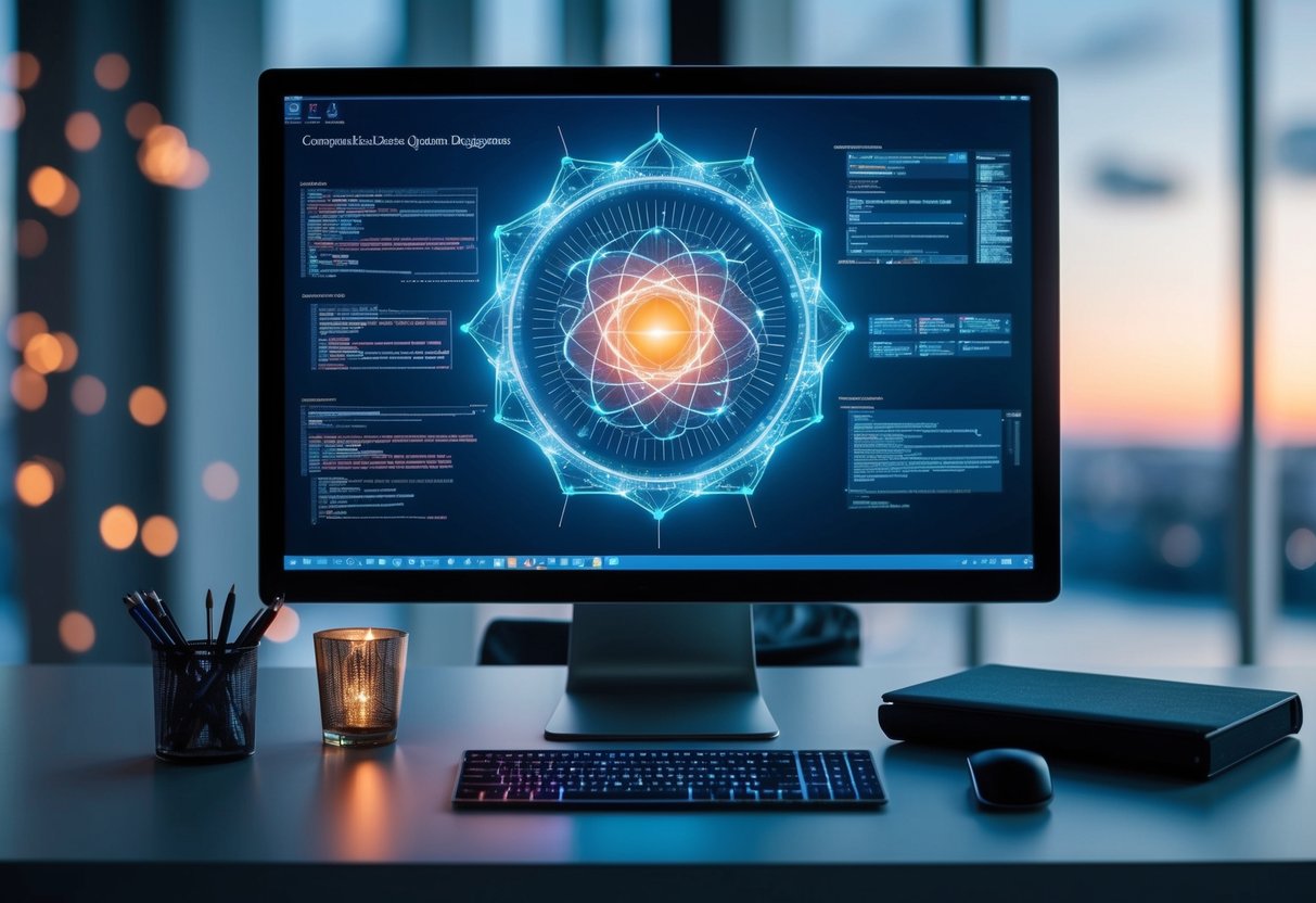 A futuristic computer screen displays complex quantum algorithm design with evolving programming languages