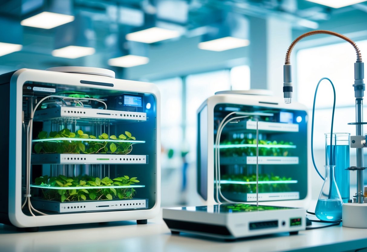 A futuristic laboratory with biocomputing equipment and organic materials integrated into advanced computational hardware