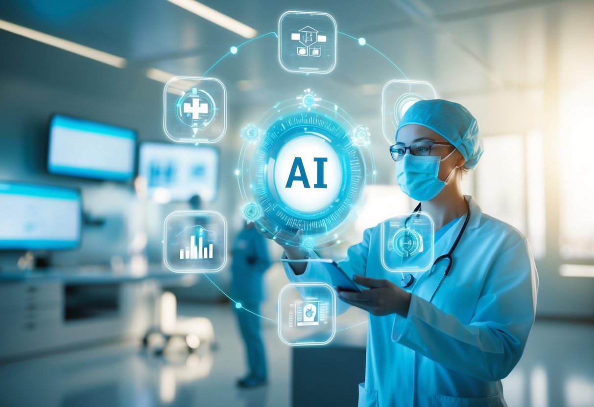 A futuristic medical facility with AI algorithms analyzing EHR data to detect early signs of chronic diseases, revolutionizing preventive healthcare