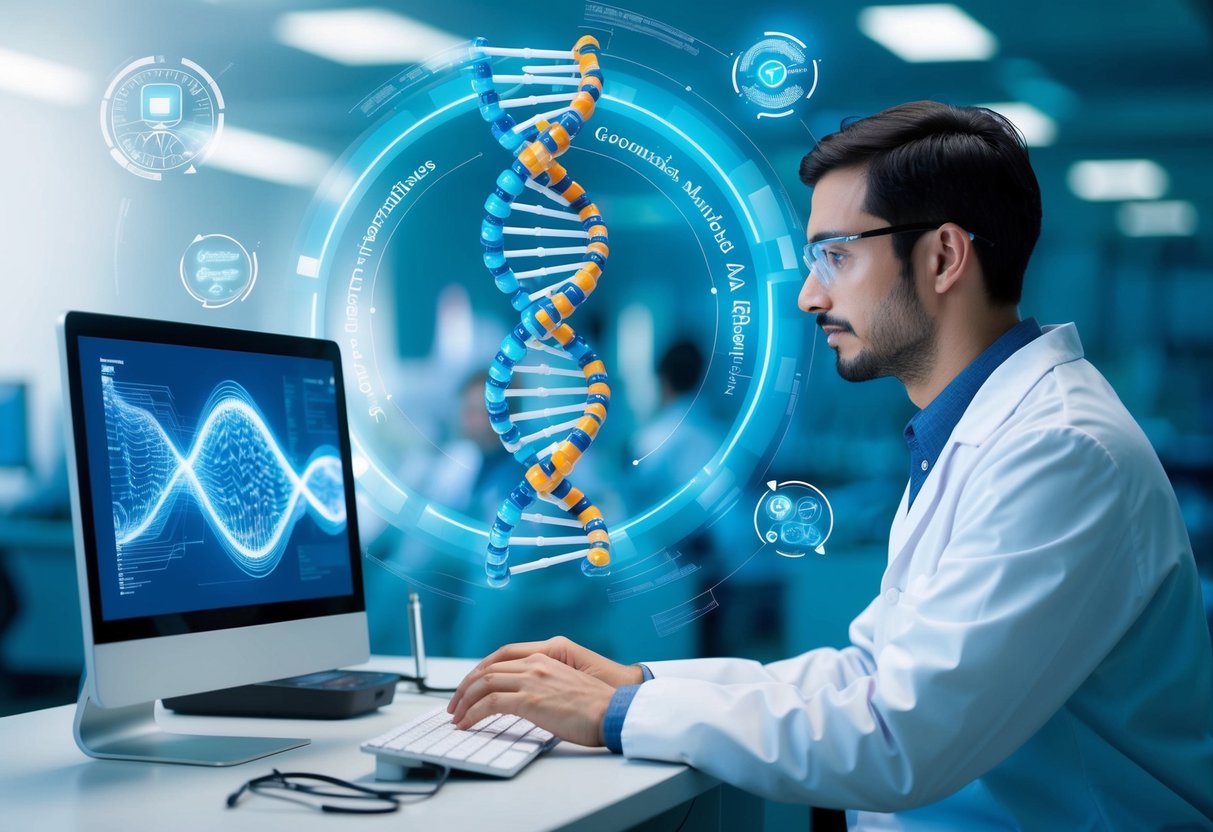 A scientist in a lab coat works at a computer, surrounded by DNA helix models and AI algorithms, symbolizing the integration of genomics and artificial intelligence for personalized medicine